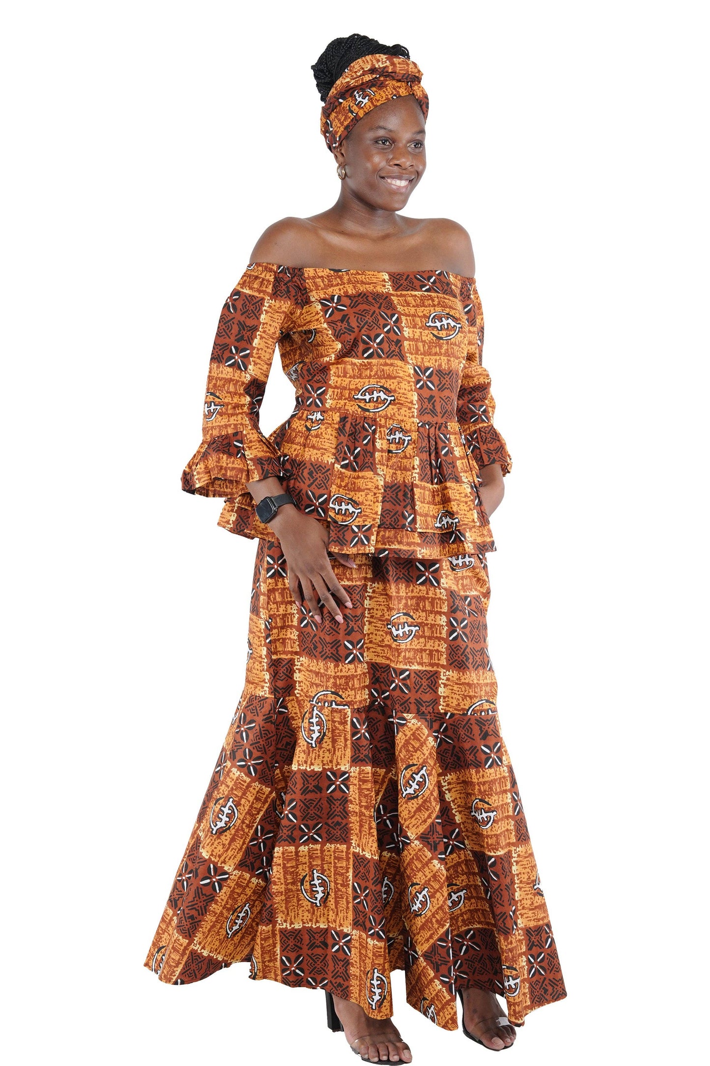 African Ankara women Off Shoulder Top & Fish Tail Skirt Set