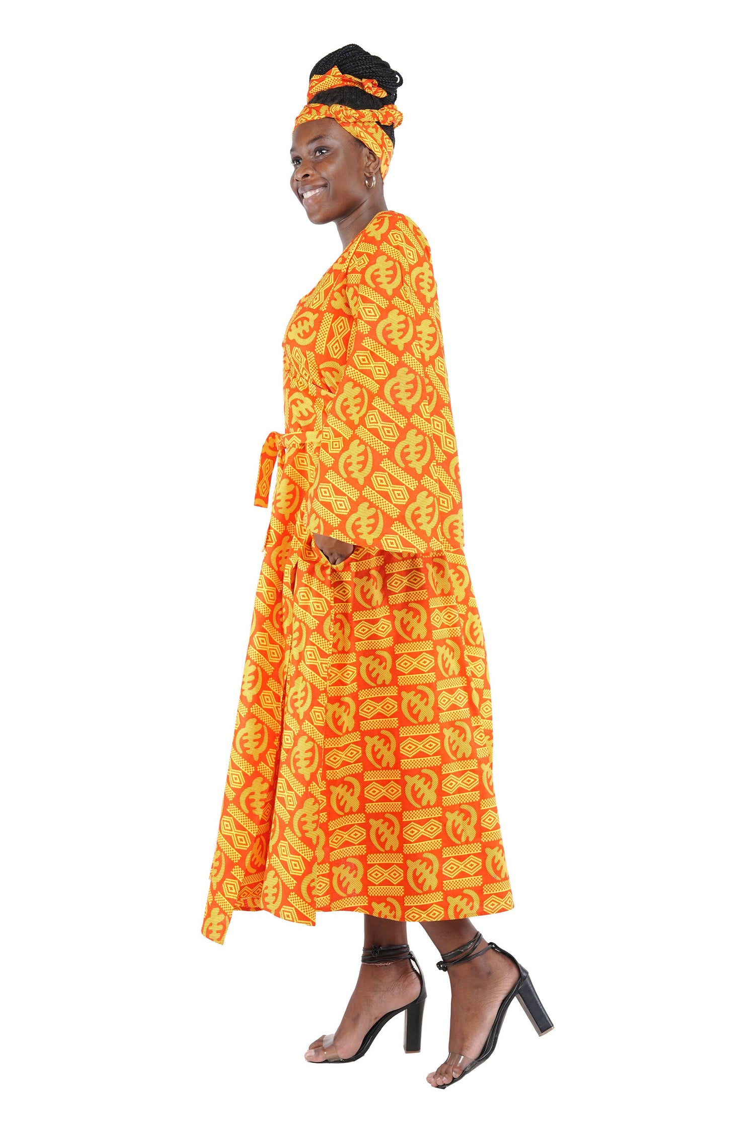African Ankara Kente Women Long Wrap Dress With Wide Sleeves