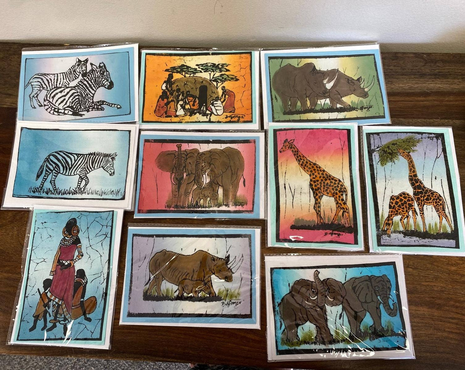 Hand-painted Greeting Cards Set, One-of-a-kind Giraffe, Zebra, Elephant, Rhino & Masai Designs, Fair Trade from Kenya