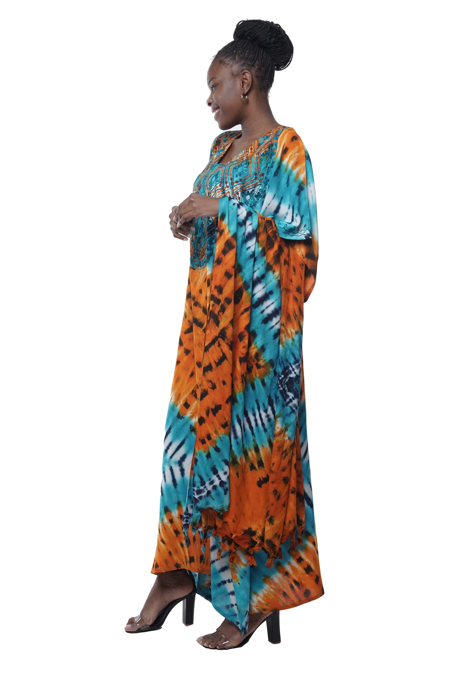 African Women Vibrant Orange Embroidered Tie & Dye Kaftan
