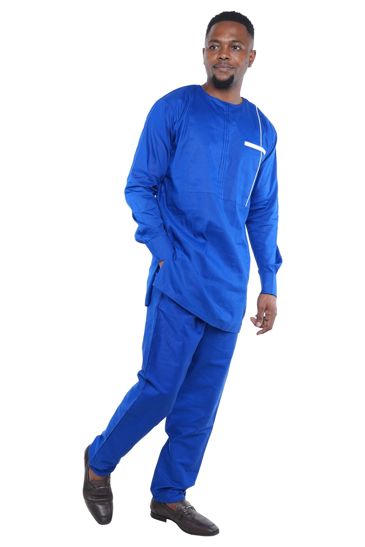 African Ankara Kente Men's Royal Blue Two Piece Pant Set