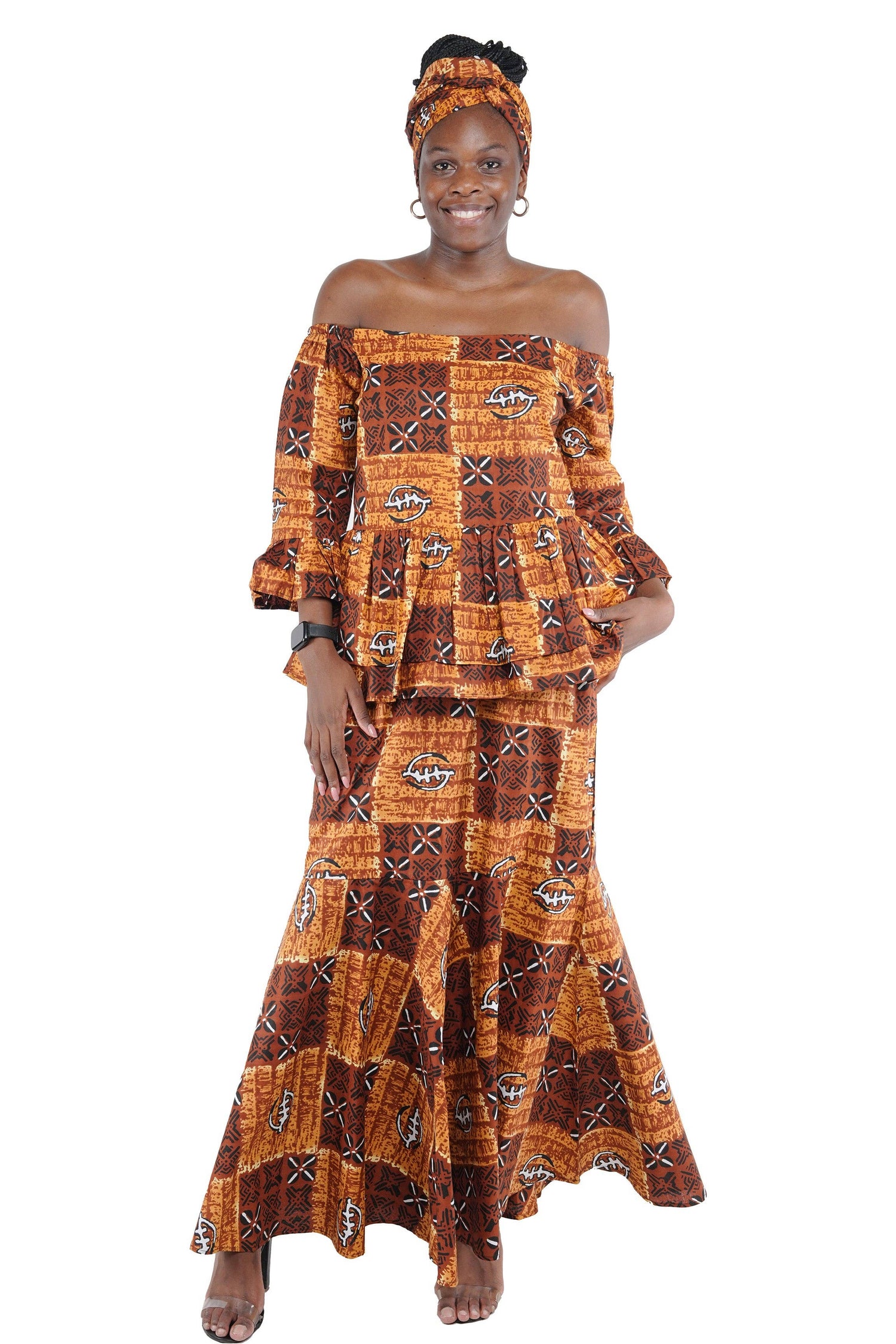 African Ankara women Off Shoulder Top & Fish Tail Skirt Set