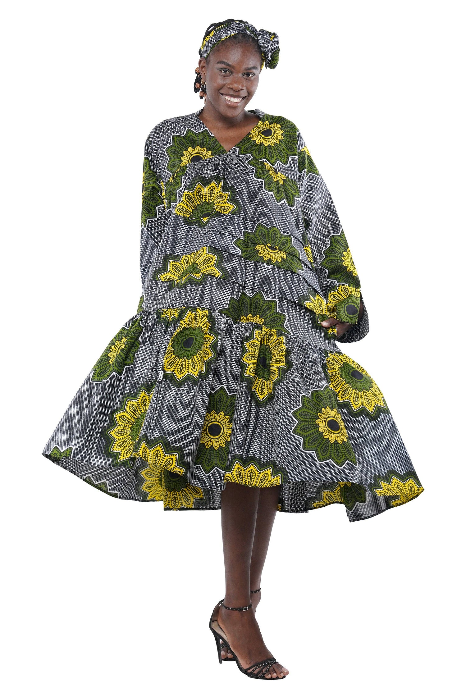African Ankara Women Casual Classic V Neck Midi Dress