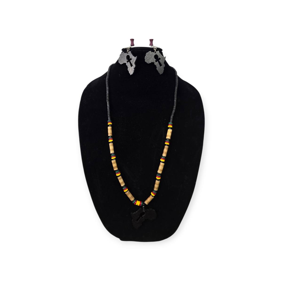 African Continent Wood Necklace Earring Set