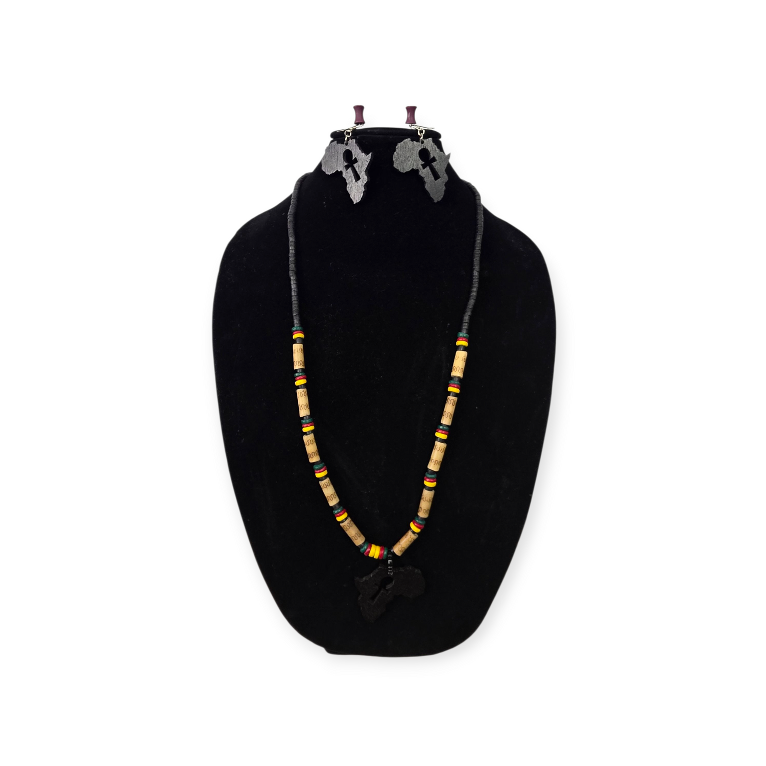 African Continent Wood Necklace Earring Set