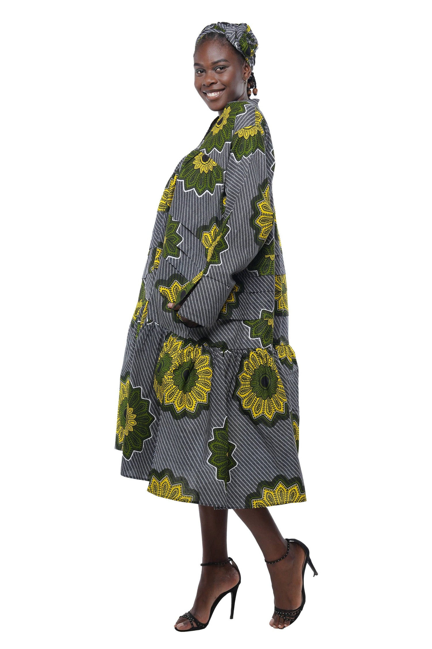 African Ankara Women Casual Classic V Neck Midi Dress