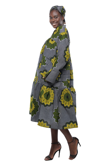 African Ankara Women Casual Classic V Neck Midi Dress