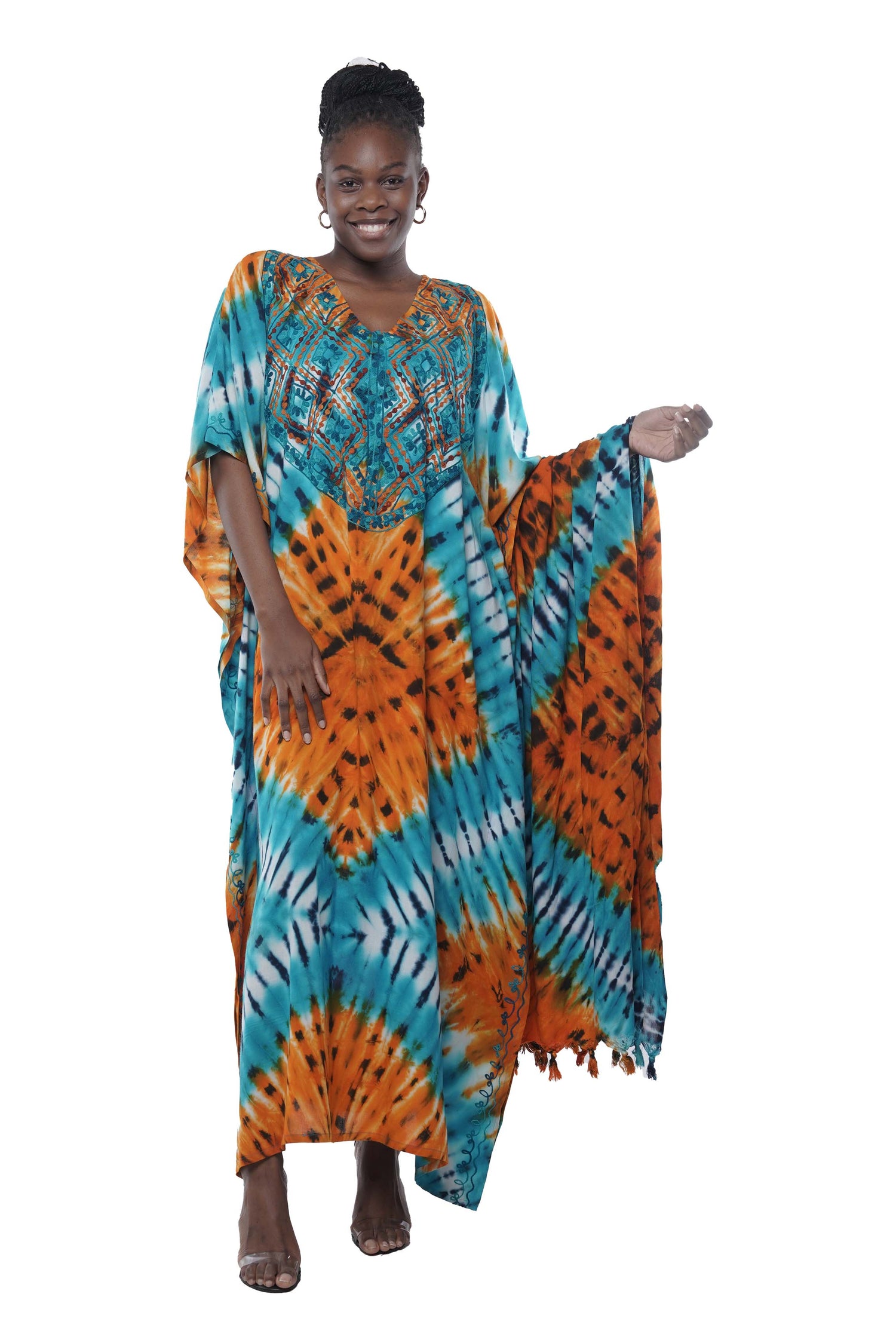 African Women Vibrant Orange Embroidered Tie & Dye Kaftan
