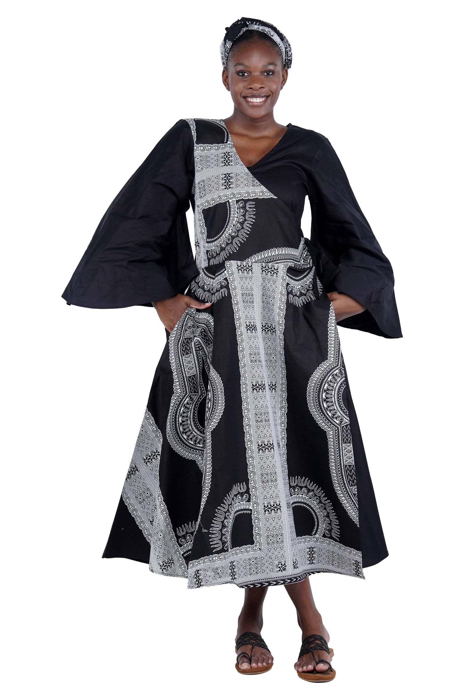 African Ankara Kente Women Traditional Trim Long Wrap Dress