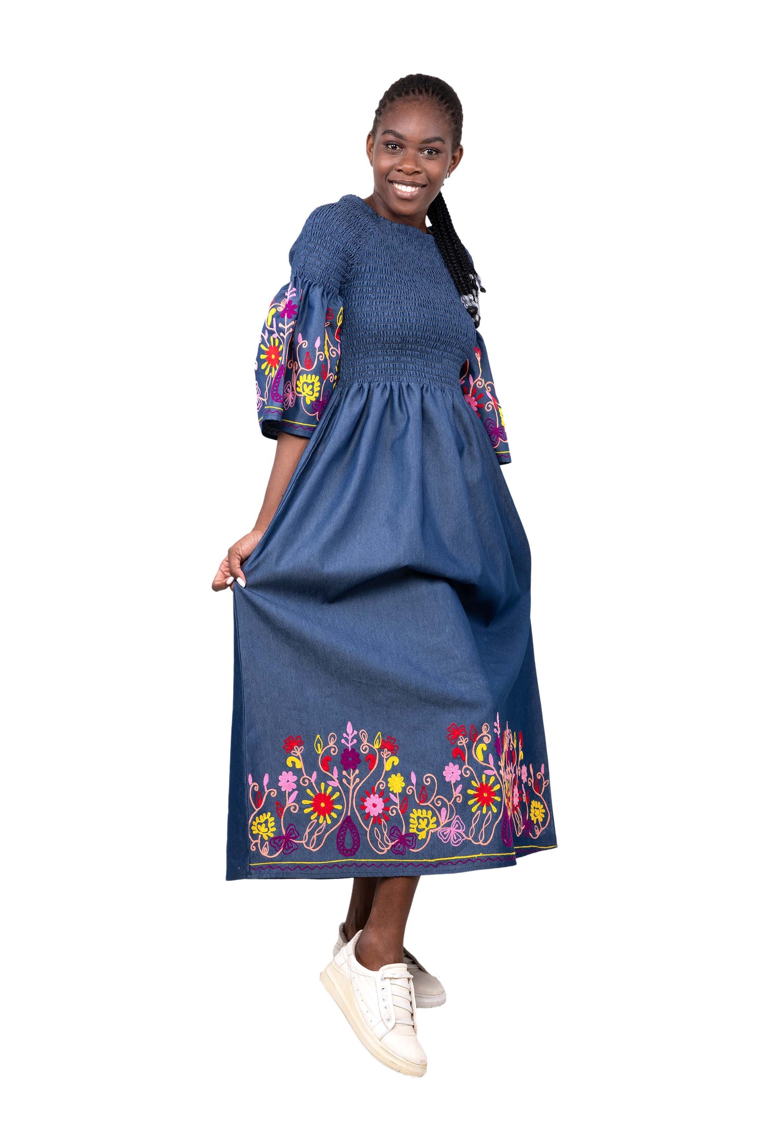 Denim Embroidered Long Smocked Dress