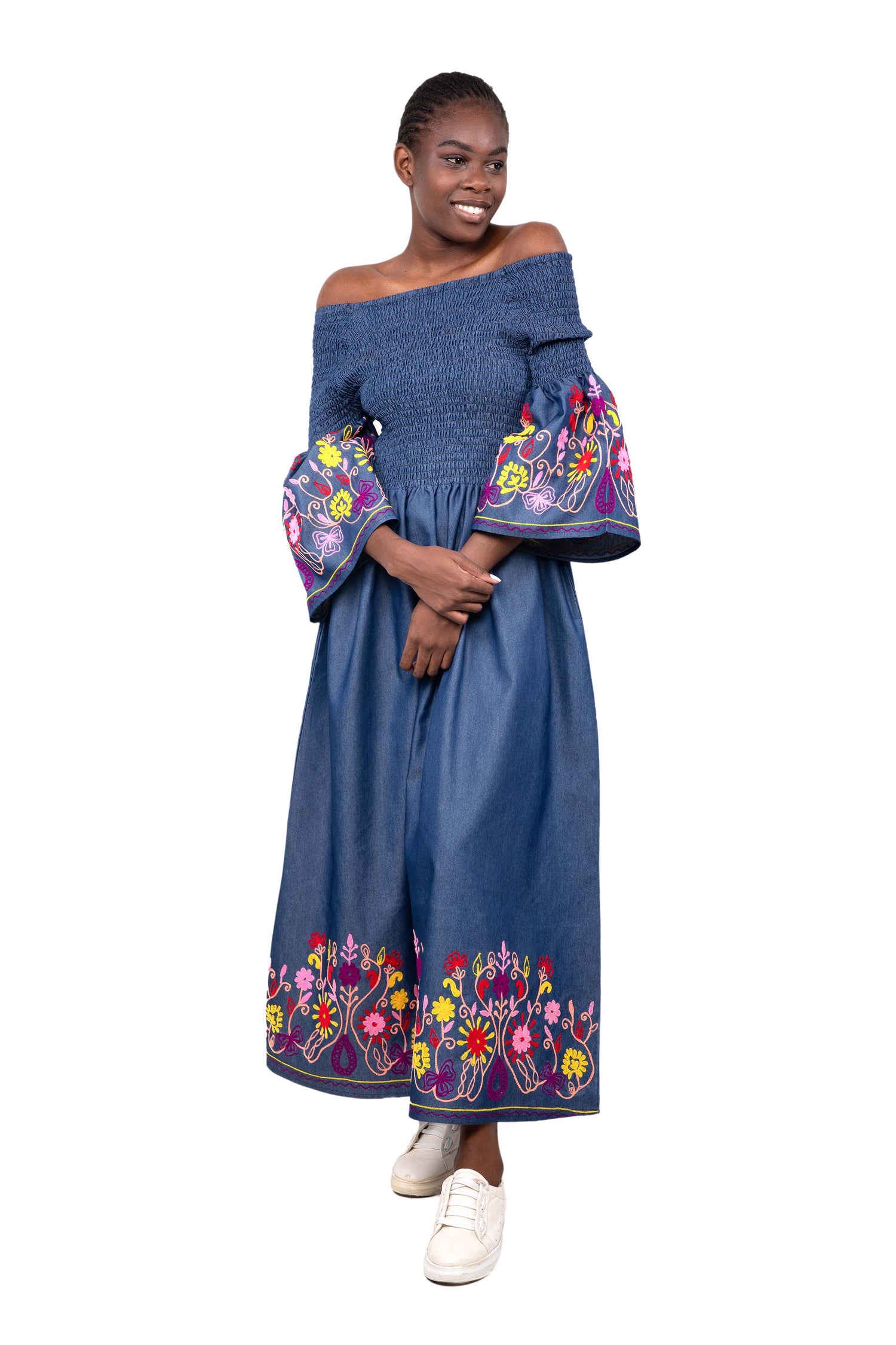 Denim Embroidered Long Smocked Dress