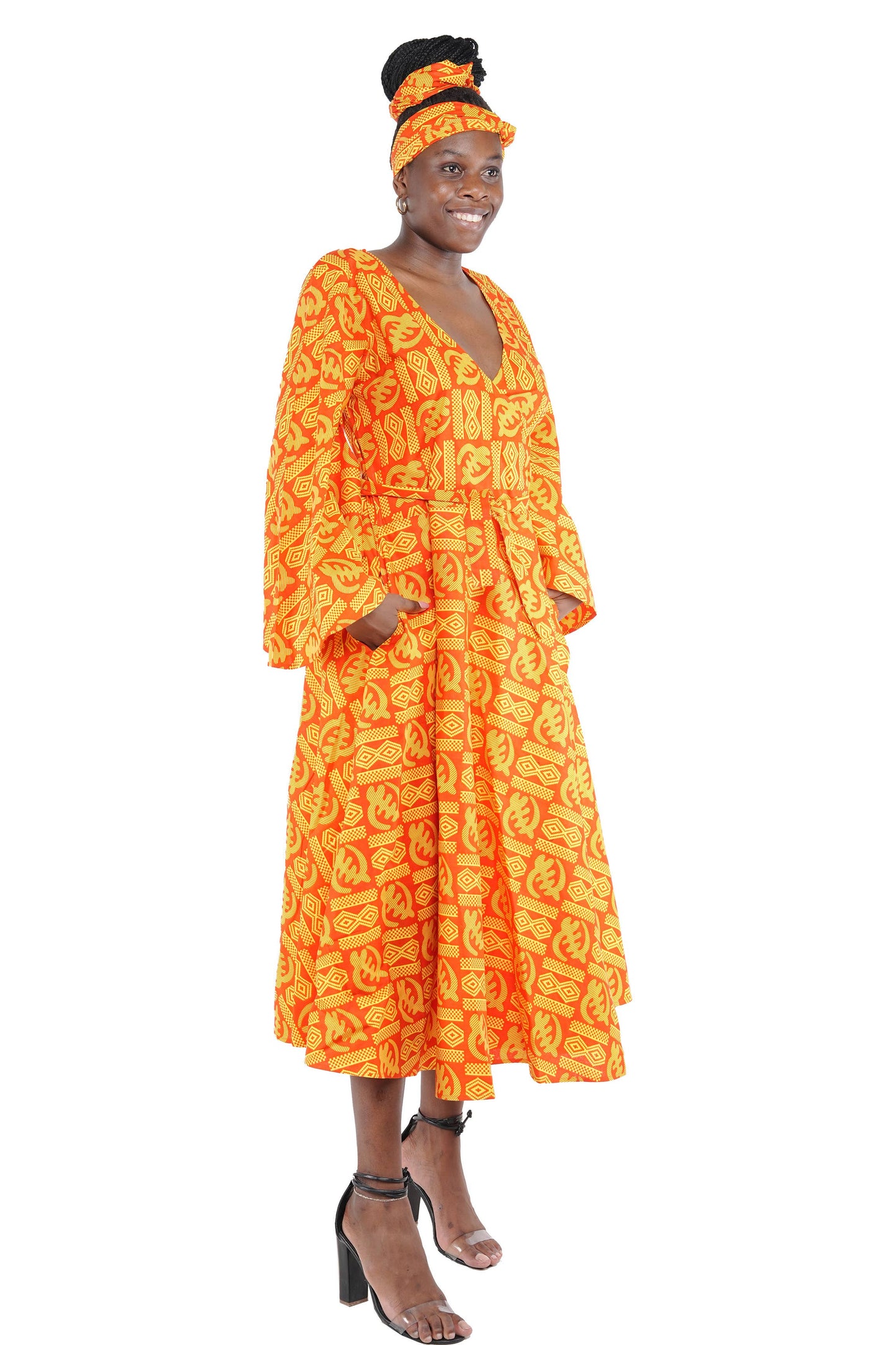 African Ankara Kente Women Long Wrap Dress With Wide Sleeves