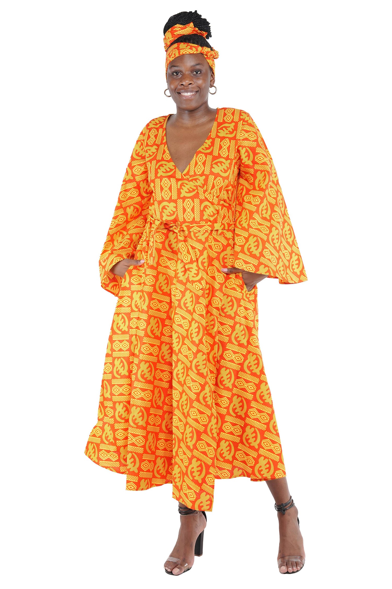 African Ankara Kente Women Long Wrap Dress With Wide Sleeves