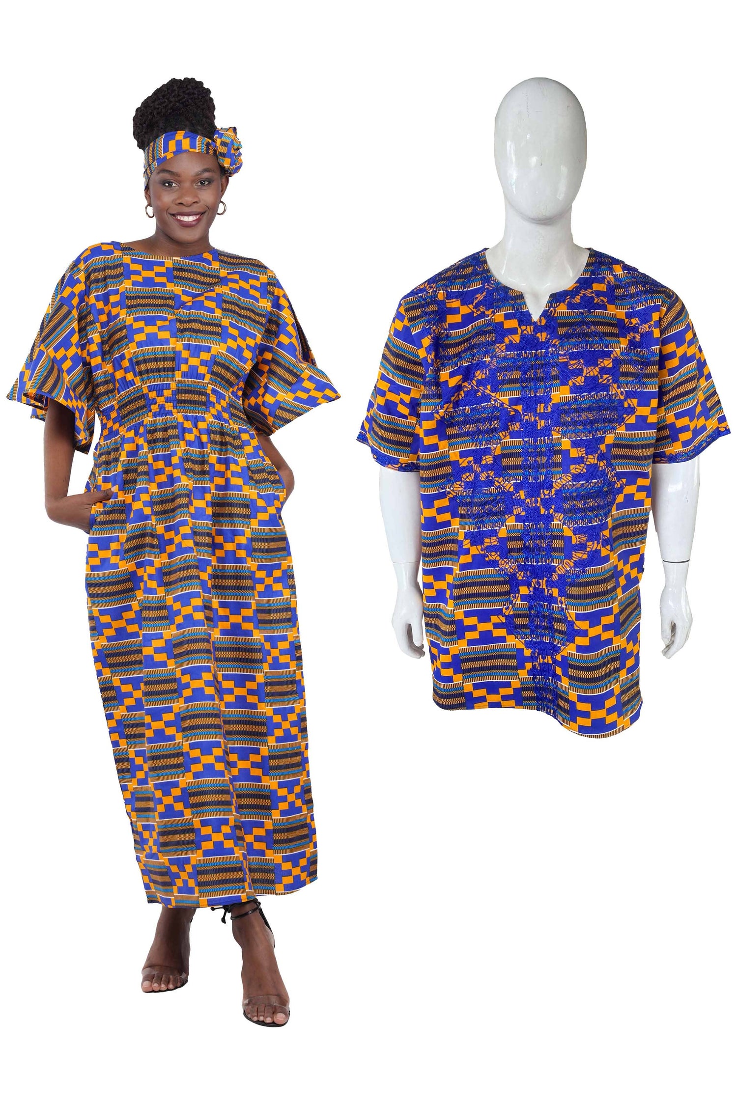 Long Maxi Dress Bell Sleeves & African Embroidered Dashiki Shirt