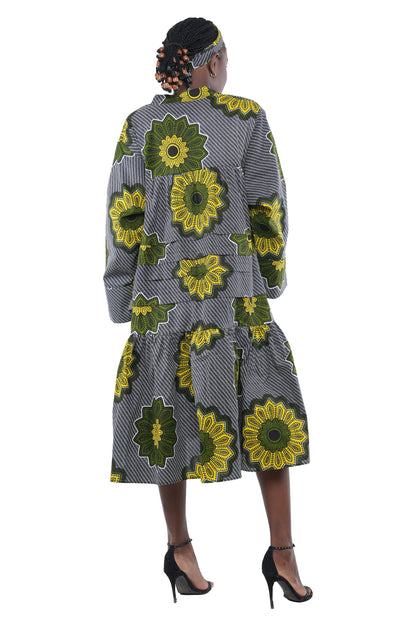 African Ankara Women Casual Classic V Neck Midi Dress