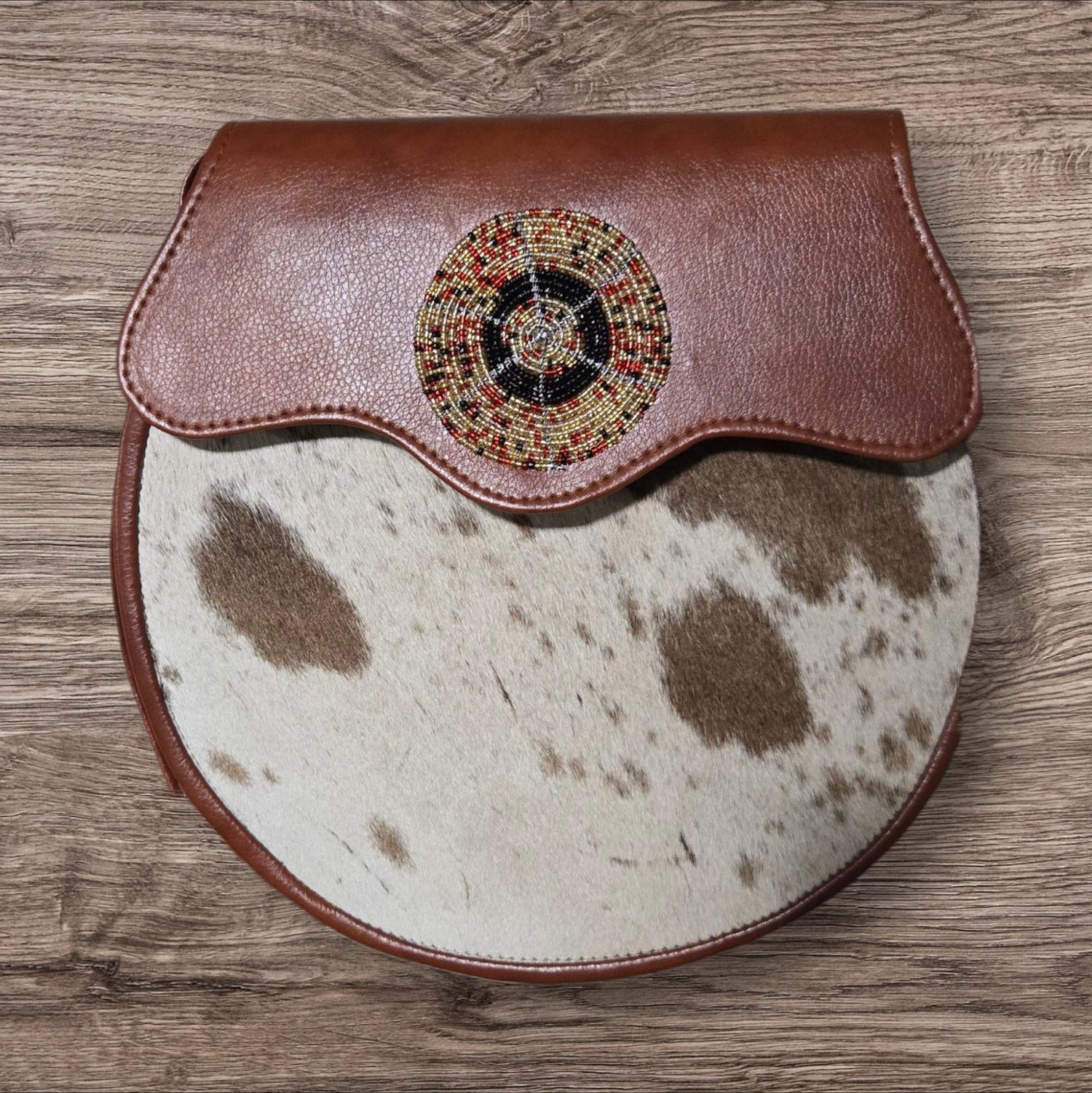 Kenyan Hair-On Cowhide & Leather Crossbody Purse with Hand-Beaded Medallion