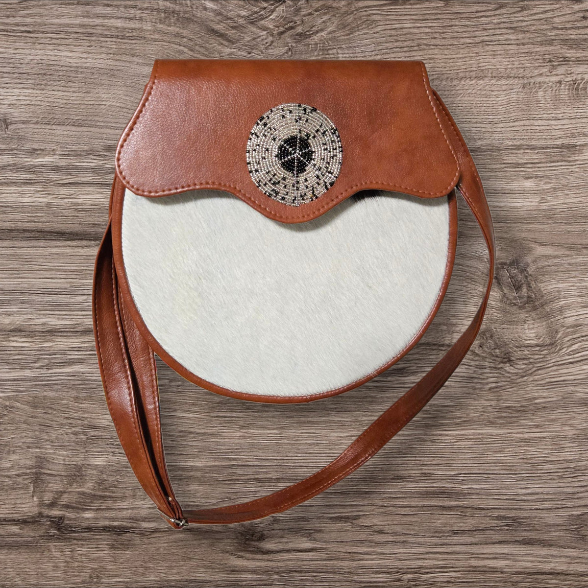 Kenyan Hair-On Cowhide & Leather Crossbody with Hand-Beaded Medallion