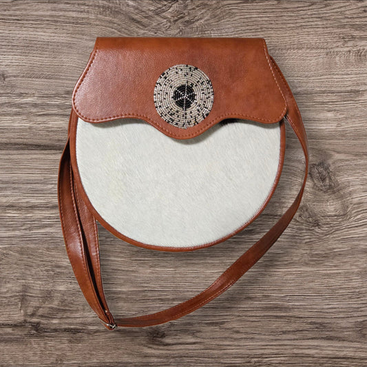 Kenyan Hair-On Cowhide & Leather Crossbody Purse with Hand-Beaded Medallion