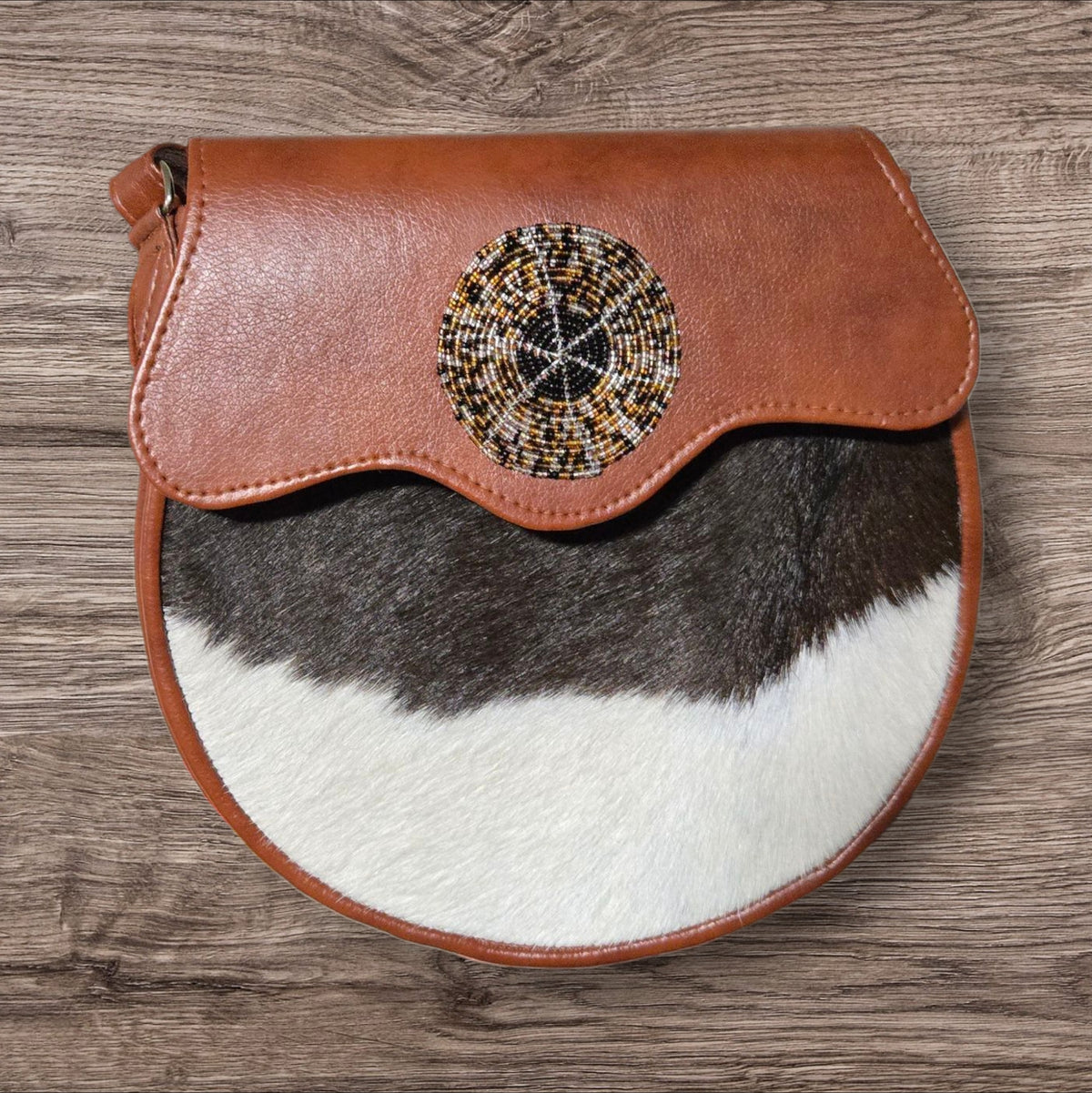 Kenyan Hair-On Cowhide & Leather Crossbody with Hand-Beaded Medallion